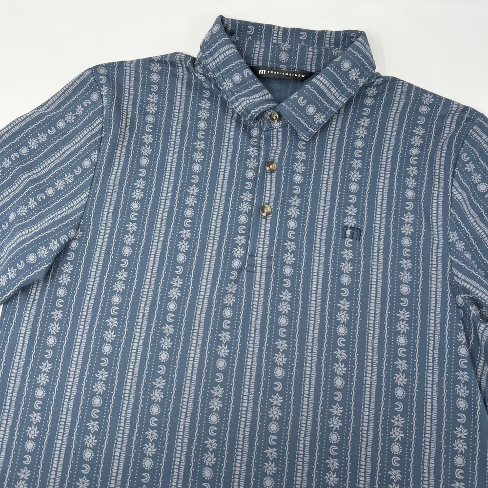 Travis Mathew Local Treasure Mens Blue Celestial Sun Moon Stripe Polo Shirt‎ M